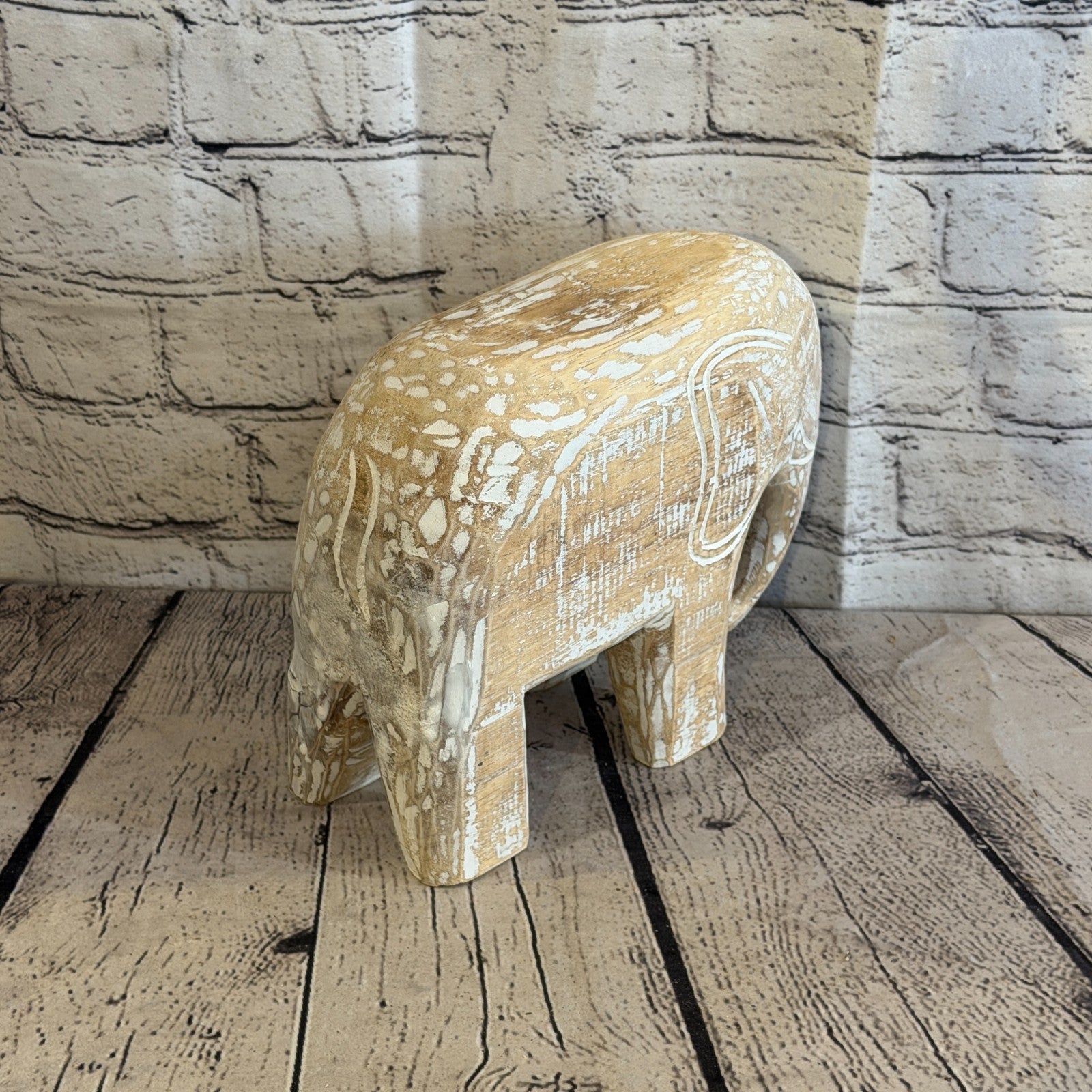 20cm x 25cm White Wood Wooden Standing Elephant Hand Carved Painted Statue4