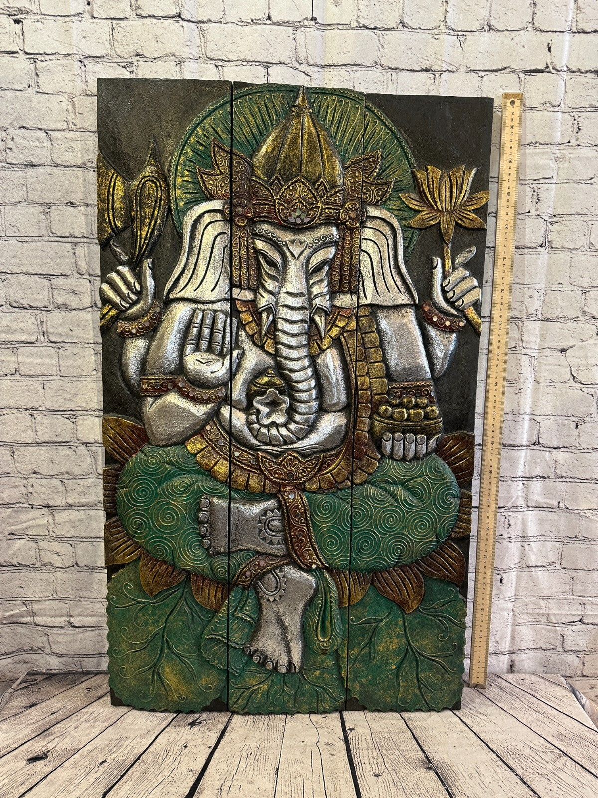 100cm x 60cm Ganesh Colourful Panel Wooden Wood Panel Wall Art Plaque Handcarved4