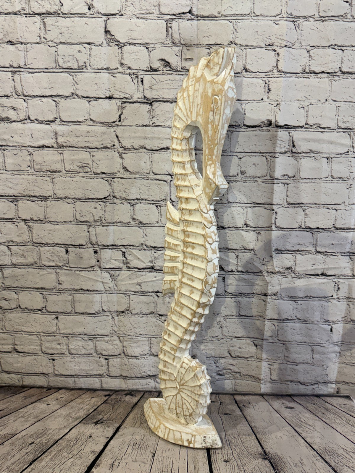 80cm White Wooden Shabby Seahorse Statue Ornament Fair Trade Handcarved2