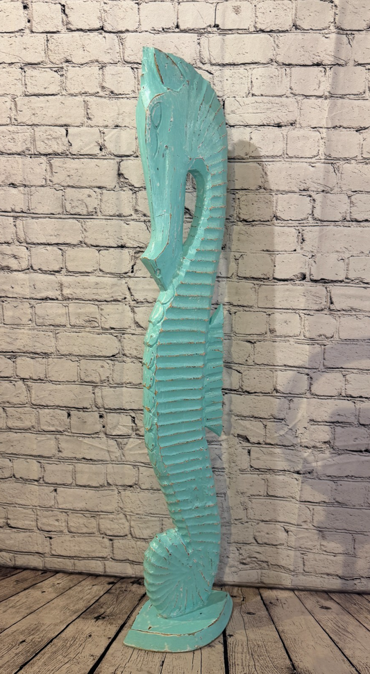 100cm Green Teal Wooden Shabby Seahorse Statue Ornament Fair Trade Handcarved0
