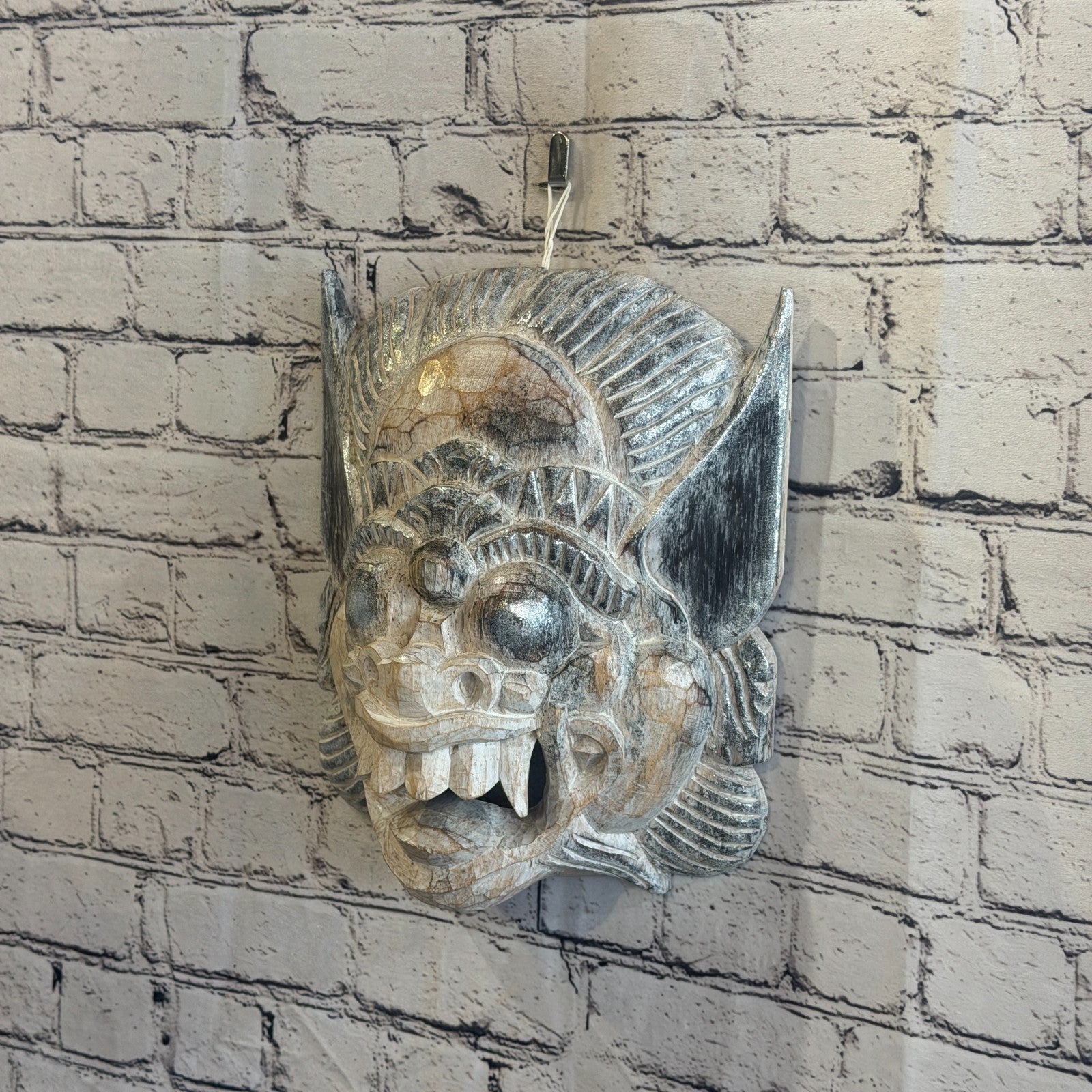White With Silver Barong Wall Mask 30cm x 25cm Handmade And Fairtrade Hindu1