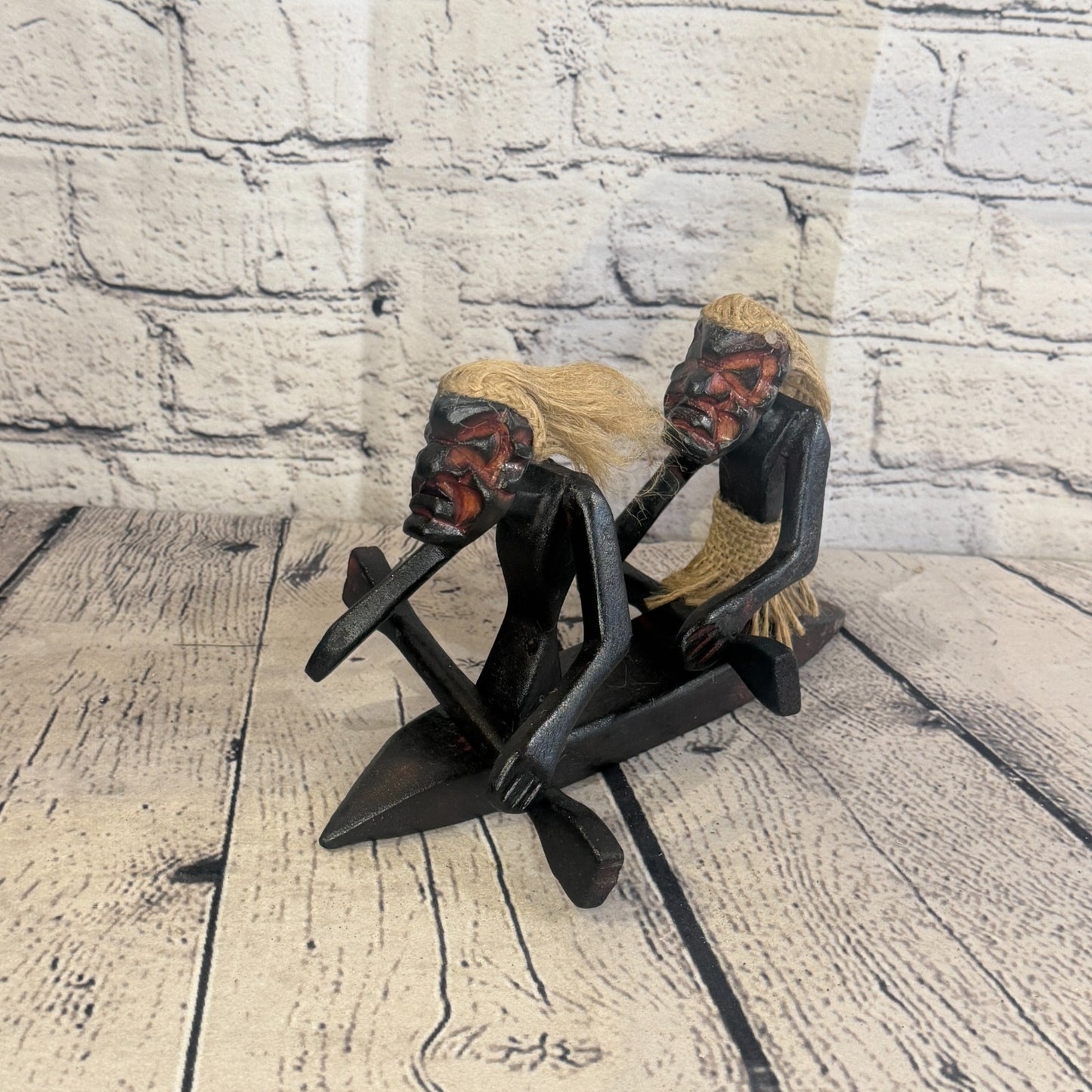 15cm Couple Kayaking African Tribal Warrior Man Figure Statue Wood Hand Carved0