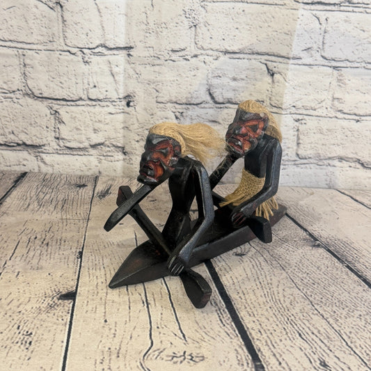 15cm Couple Kayaking African Tribal Warrior Man Figure Statue Wood Hand Carved0