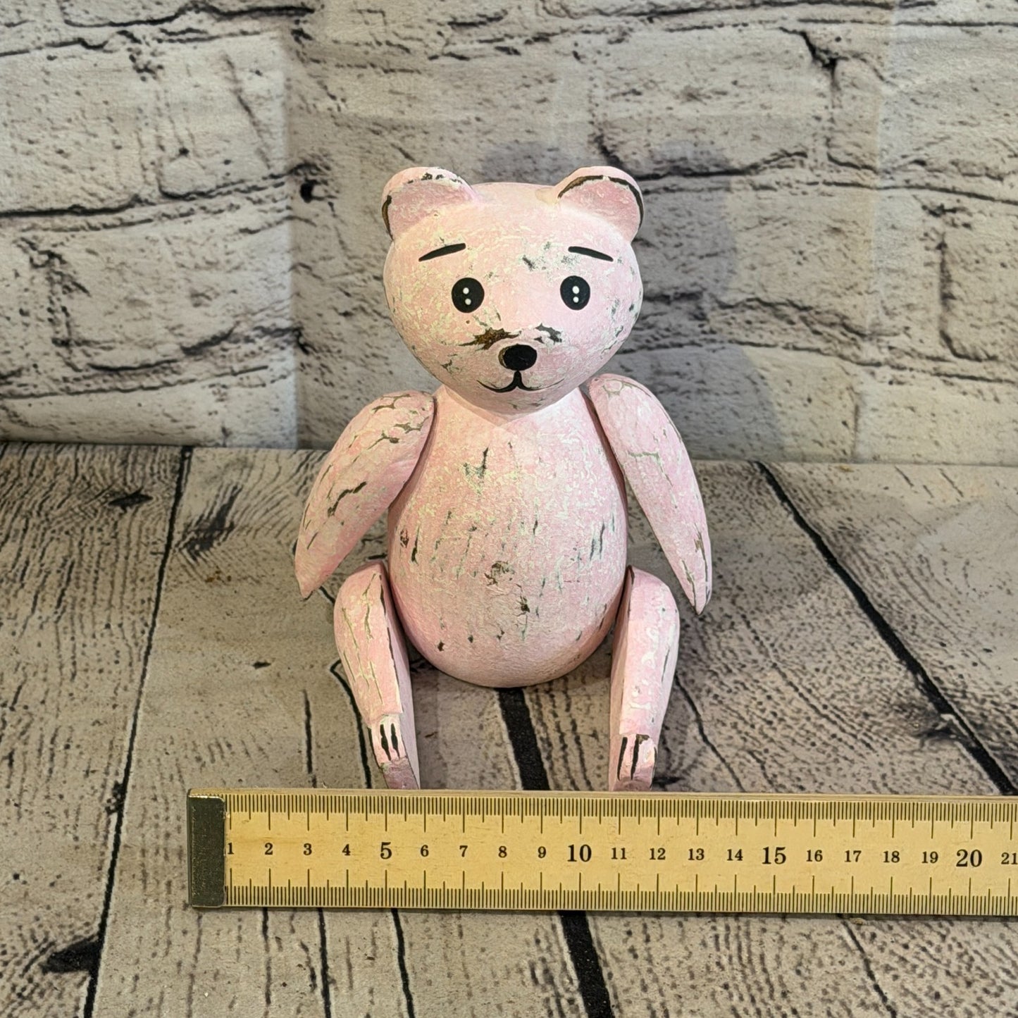 15cm Pink Teddy Bear Sitting Animal, Wooden Shelf Ornament Handmade & Fairtrade6