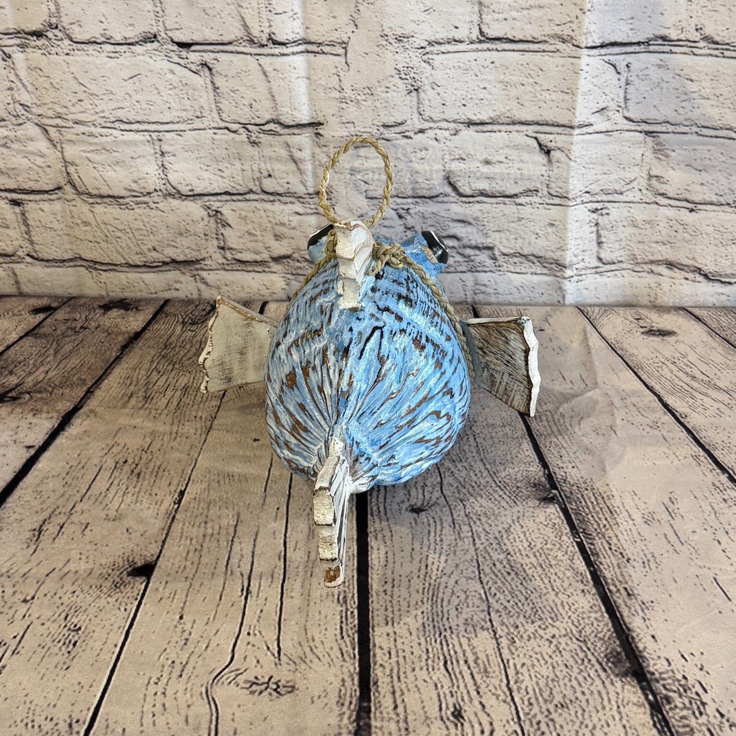 Blue White Fins Folk Art Painted Puffer Fish Coconut Shell Ornaments Hanging4