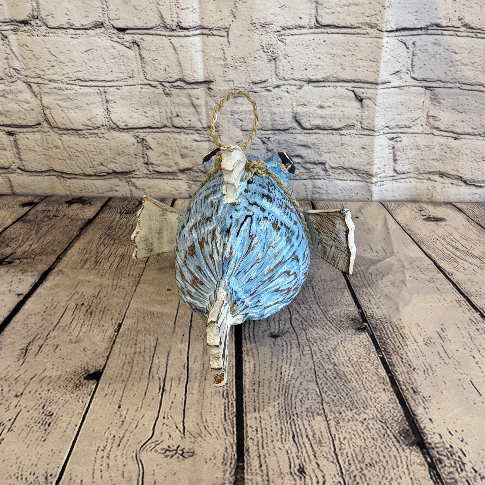 Blue White Fins Folk Art Painted Puffer Fish Coconut Shell Ornaments Hanging4