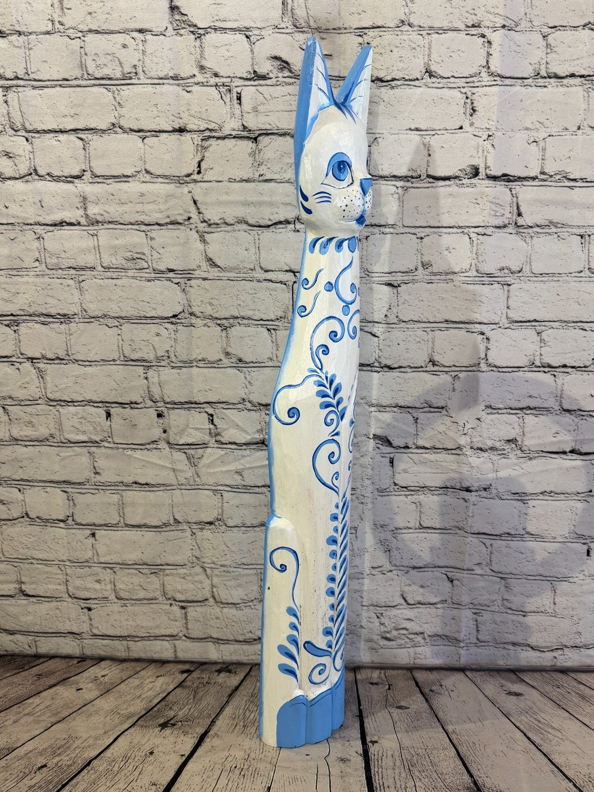80cm Blue White Flower Wooden Shabby Cat Statue Ornament Fair Trade Handcarved2