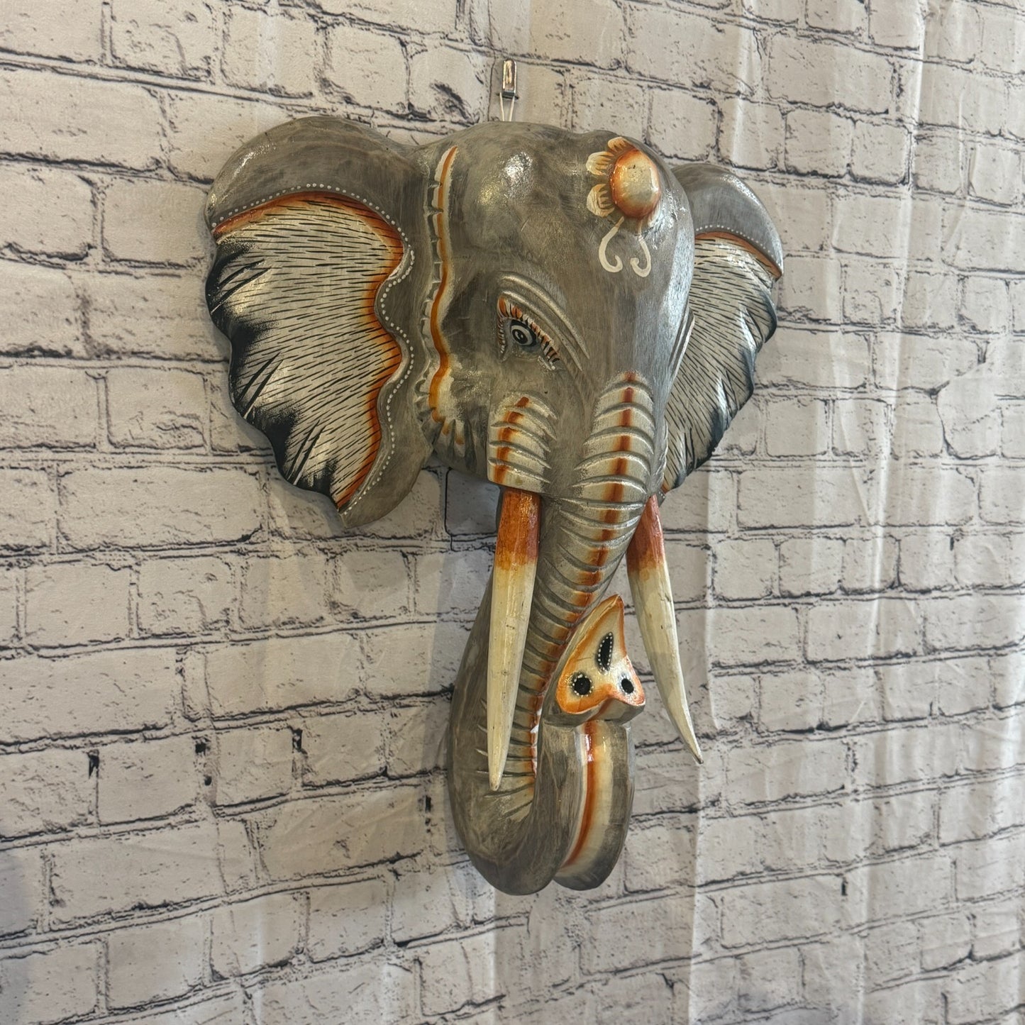 50cm x 45cm Grey Light Painted Wood Elephant Head Wall Mounted Art Shabby0