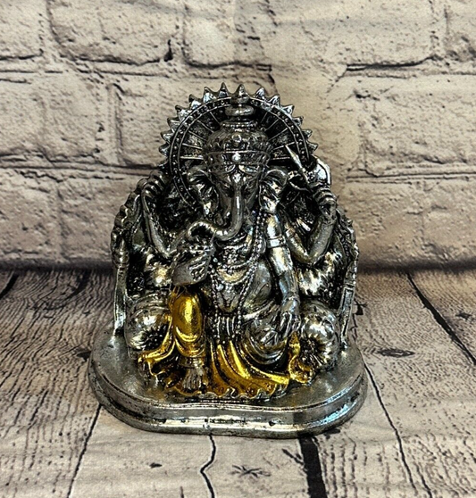 Silver And Gold 15cm Small Ganesh Ganesa Sitting On Seat Statue Resin Hindu0