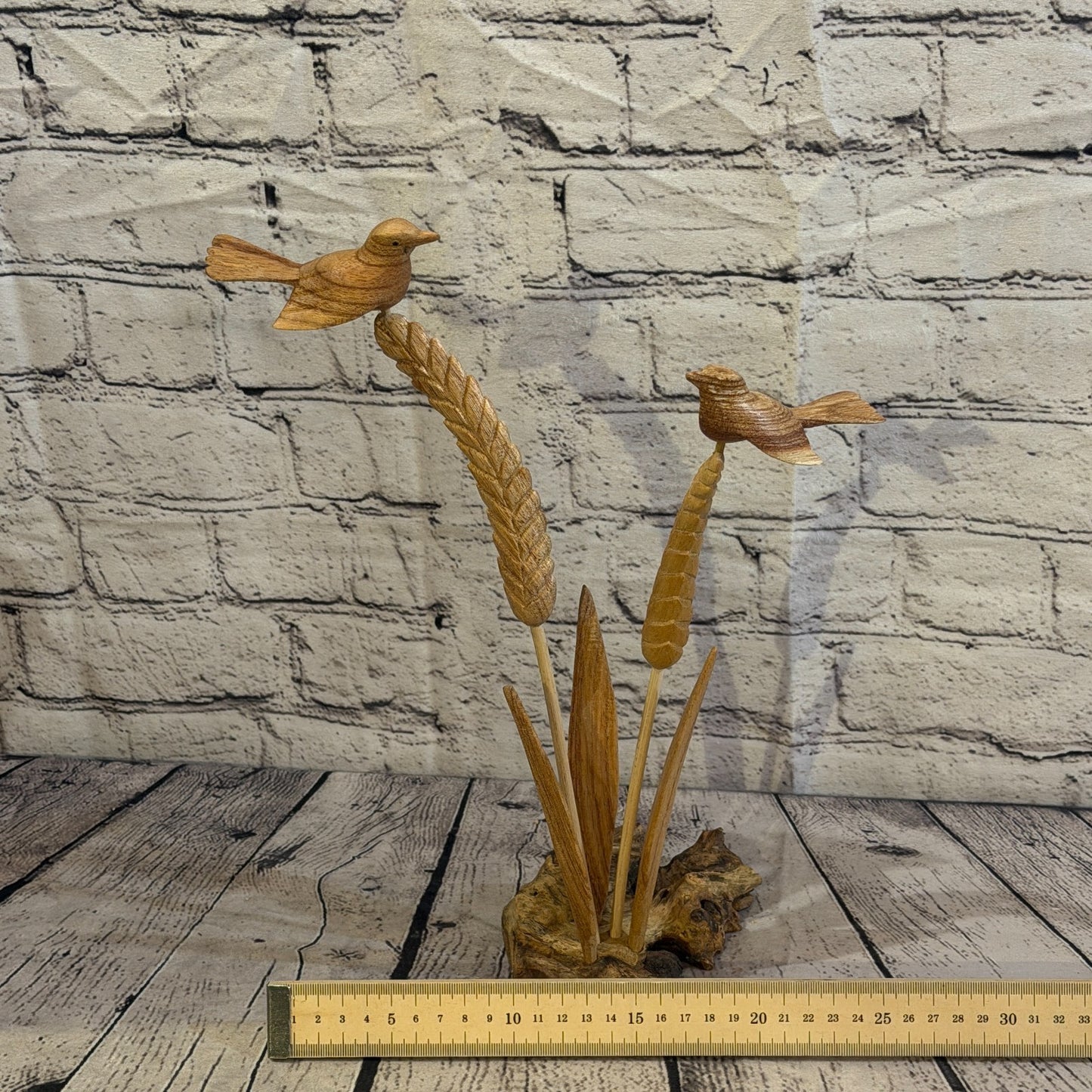 35cm 2 Birds On Wheat Reeds Stand Parasite Wood Ornament Natural Carving Wooden6