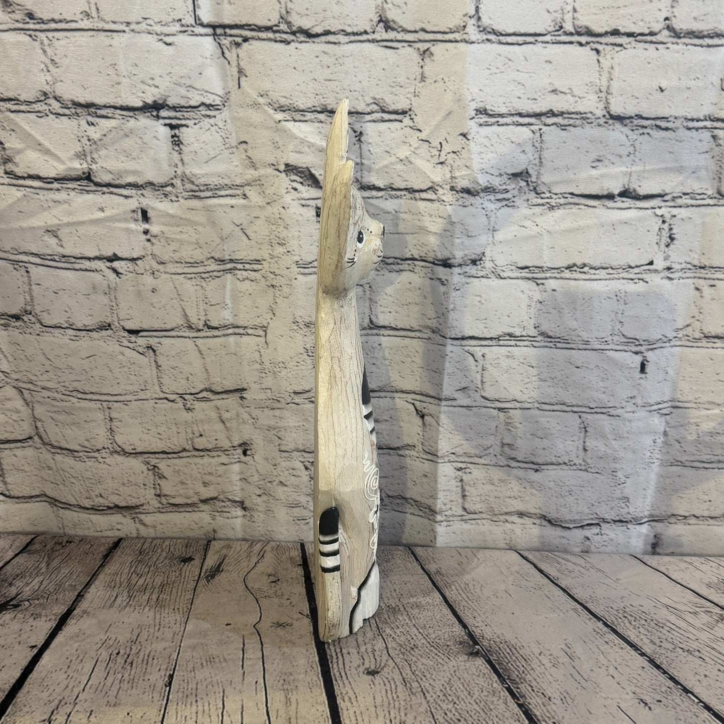 40cm White Flower Wooden Shabby Cat Statue Ornament Fair Trade Handcarved3