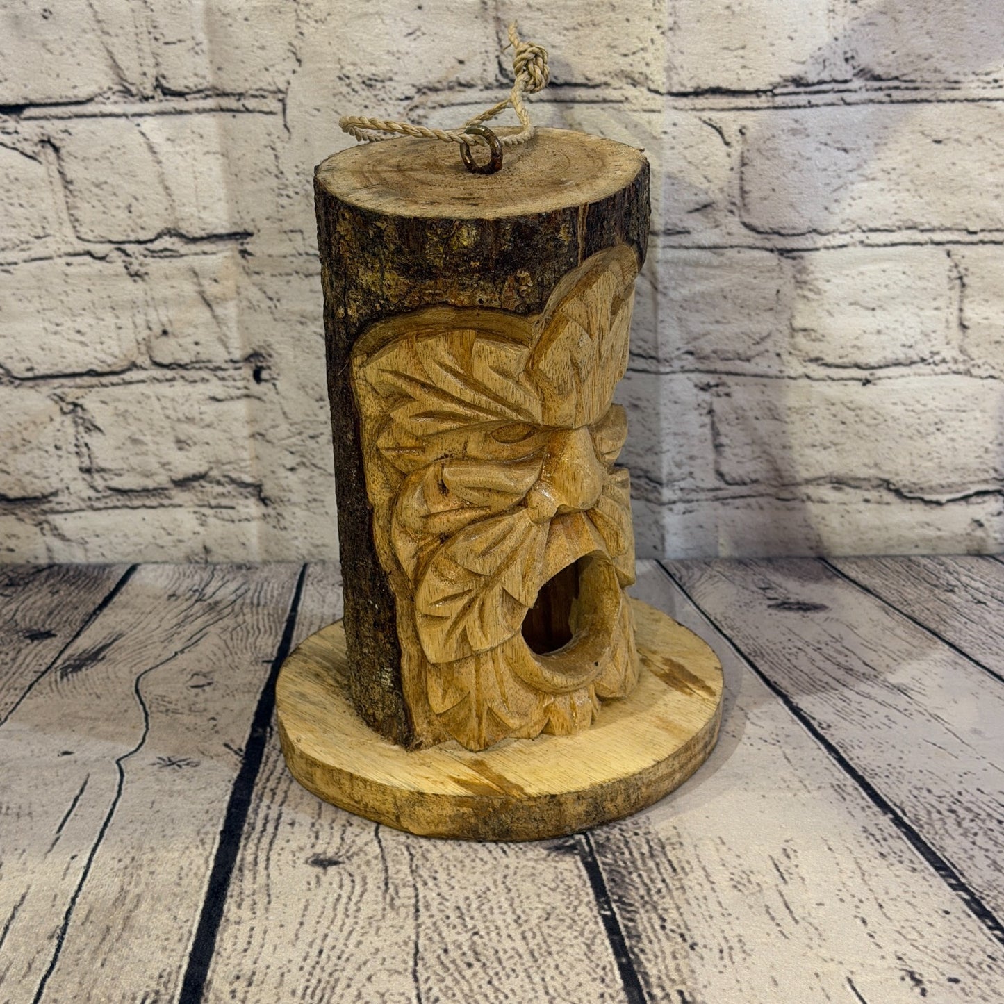 Green Man Of The Woods Bird House 20cm Carved Wizard Tree Trunk Wood Fairtrade2