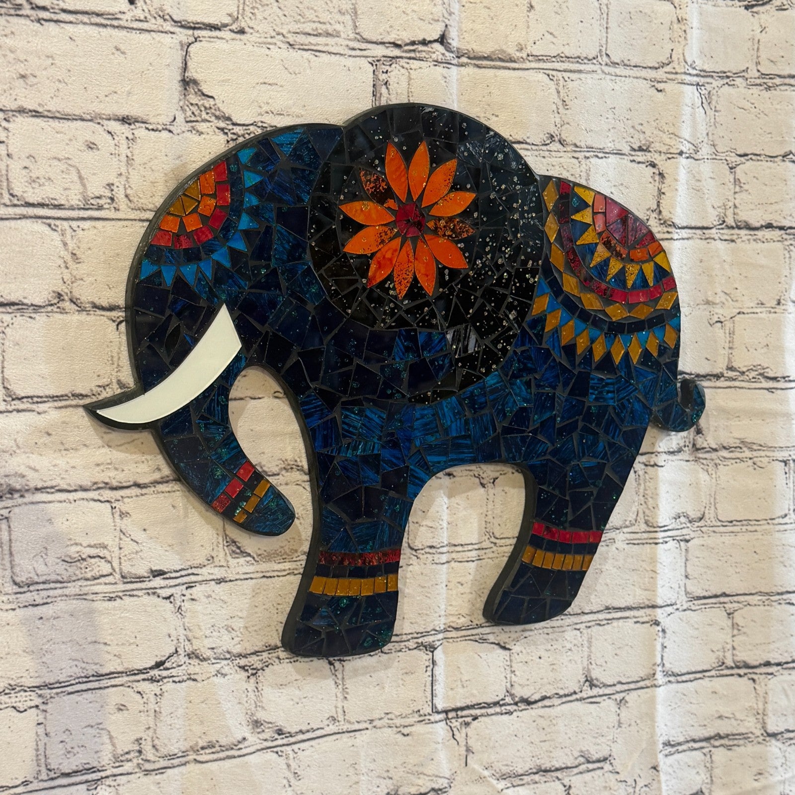 Dark Blue Elephant Mosaic Tile Wall Mirror 40cm x 40cm 16 Inches Handmade1