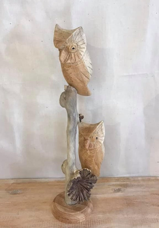 20cm Double Owl Mushroom Parasite Ornament Natural Carving Fairtrade Wooden0