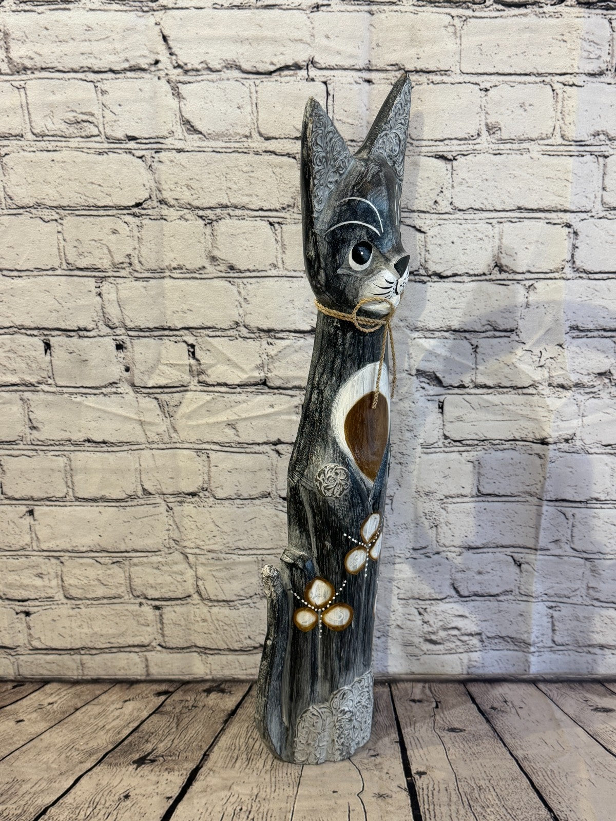 60cm Grey Silver Dots Wooden Shabby Cat Statue Ornament Fair Trade Handcarved2