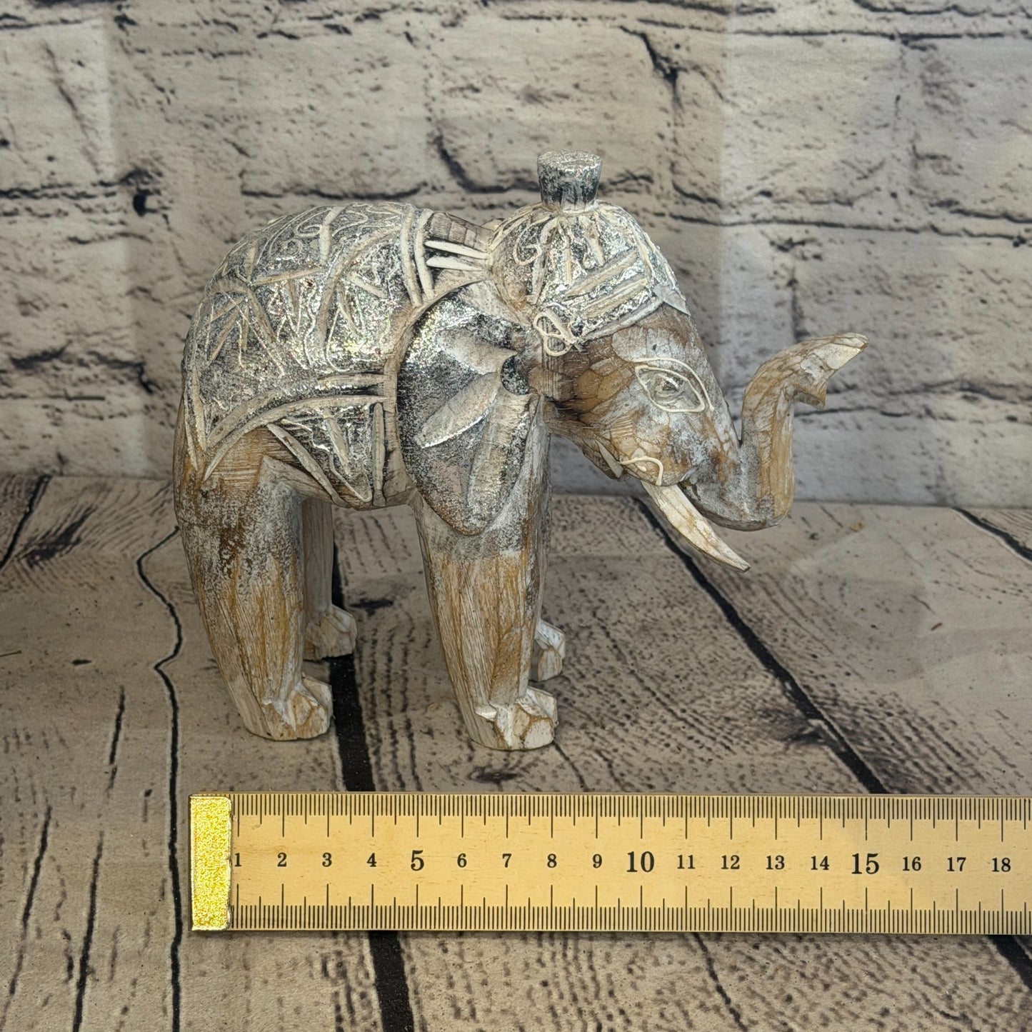 15cm x 15cm Brown Silver Wooden Standing Elephant Hand Carved & Painted7