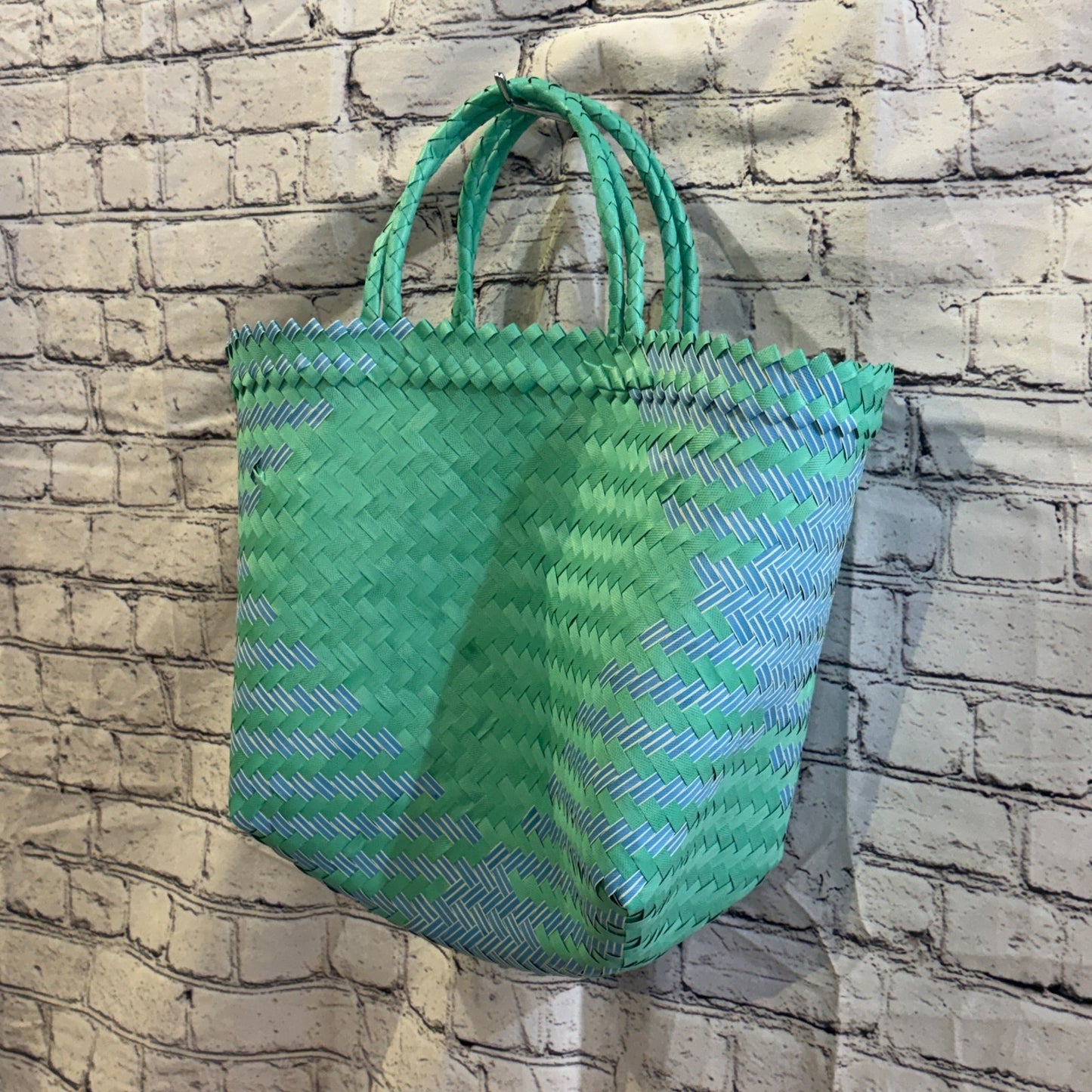Green Blue 40cm Handwoven Tote Bag Recycled Plastic Eco-Friendly Market Beach1