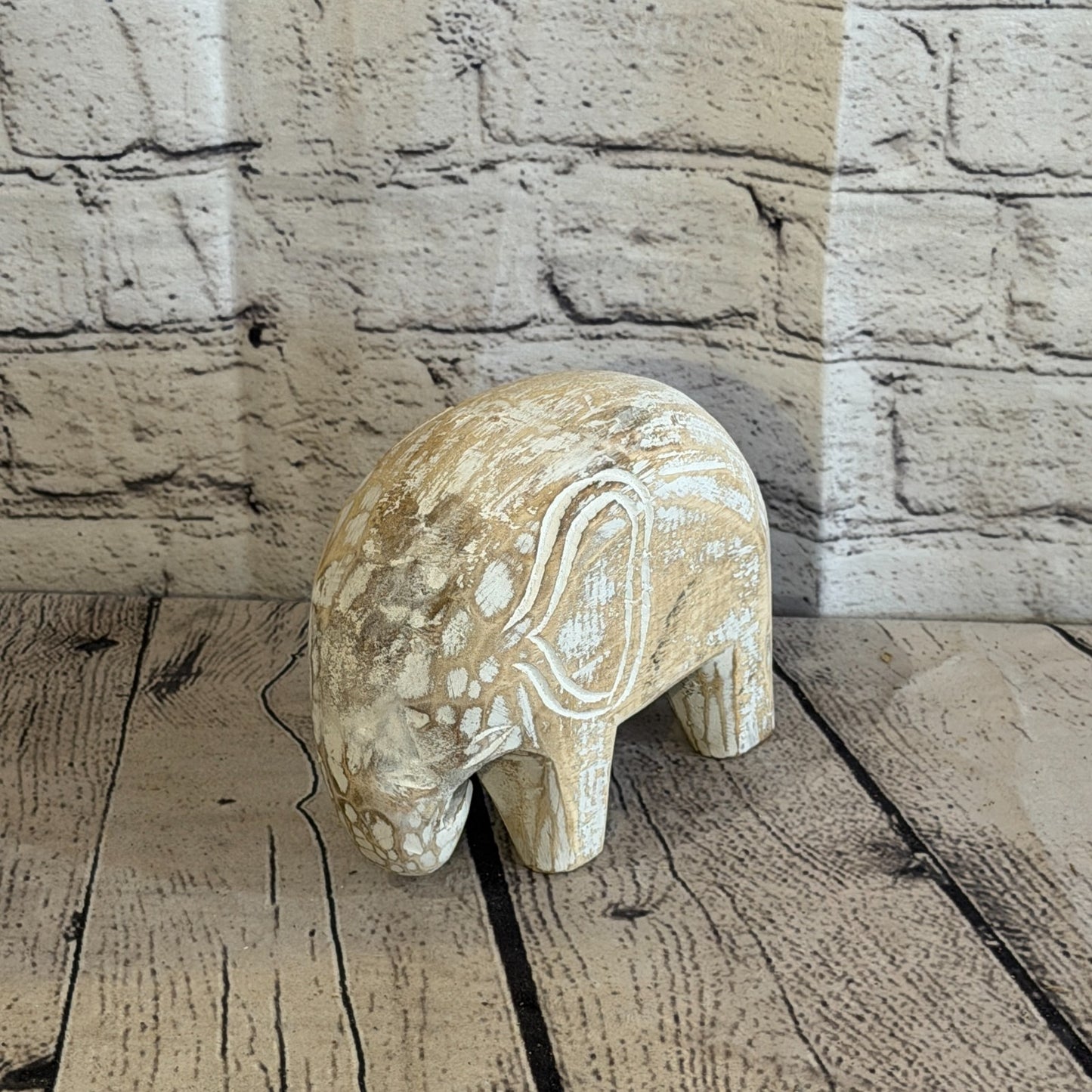 10cm x 15cm White Wood Wooden Standing Elephant Hand Carved Painted Statue0