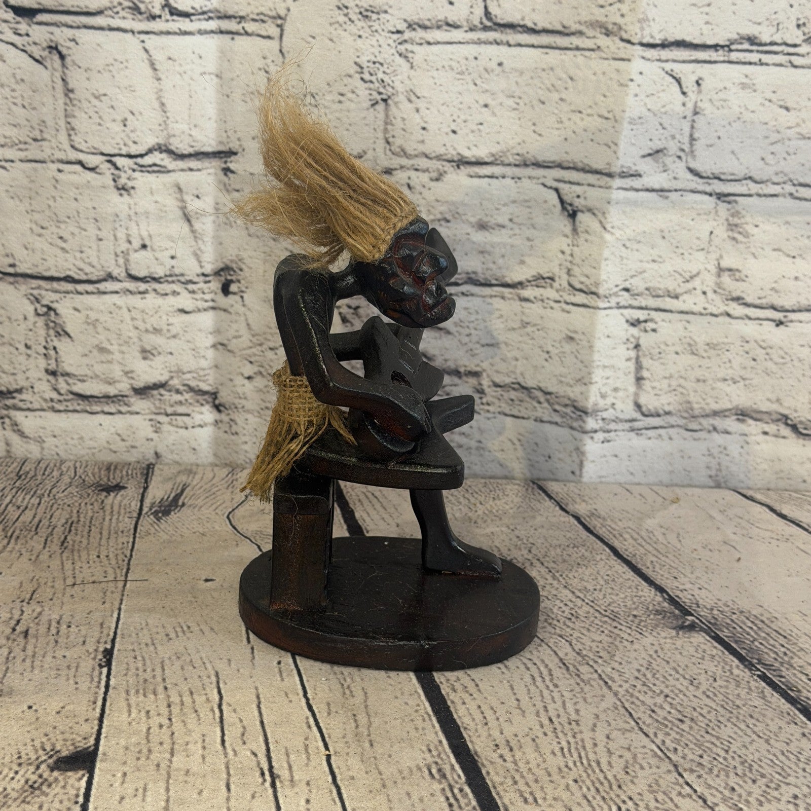 15cm Sitting Guitarist African Tribal Warrior Man Figure Statue Wood Hand Carved3