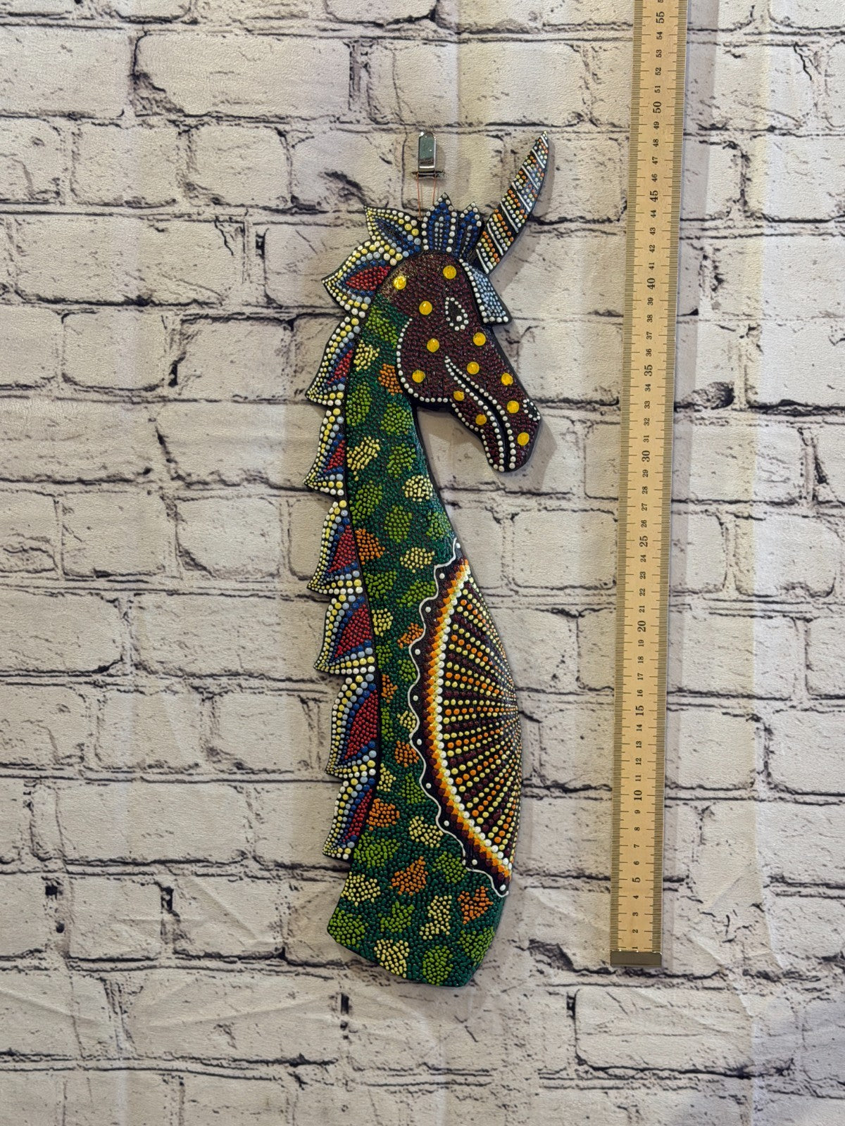 45cm Unicorn Carved Wooden Dot Painted Ethnic Tribal Tiki Wall Art No 54