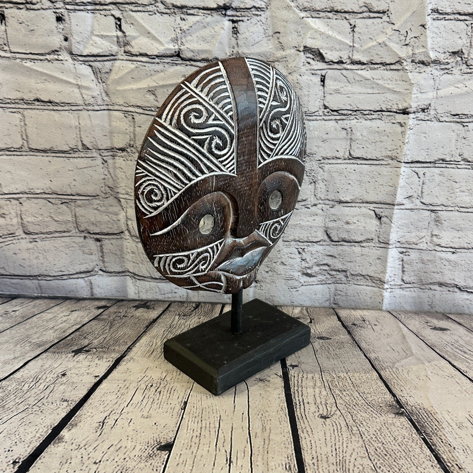 35cm x 25cm  Wooden Tribal Primitive Black Mask Stand Sculpture Statue Art2