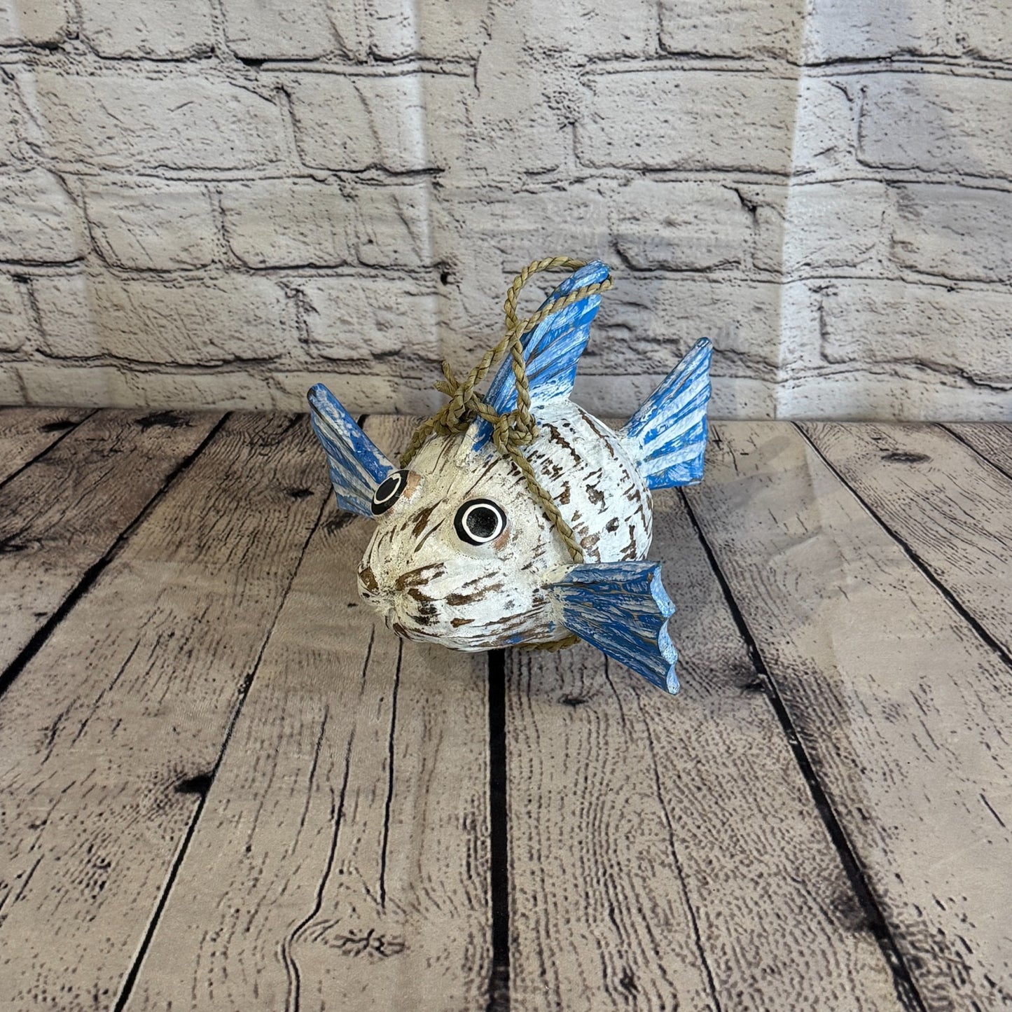 White Blue Fins Folk Art Painted Puffer Fish Coconut Shell Ornaments Hanging0