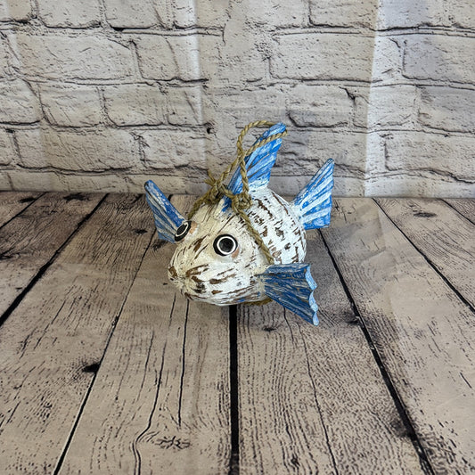 White Blue Fins Folk Art Painted Puffer Fish Coconut Shell Ornaments Hanging0