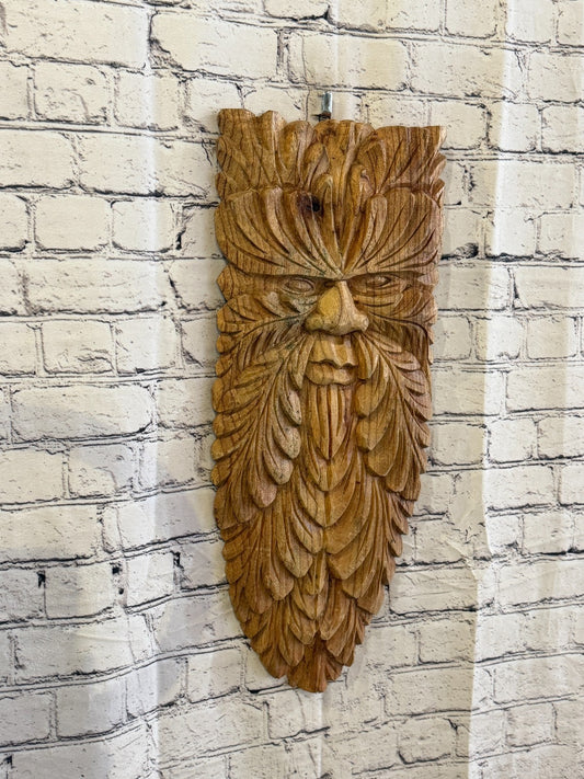 Green Man Of The Woods 60cm x 25cm Flat Carved Wizard Tree Trunk Wood Fairtrade0