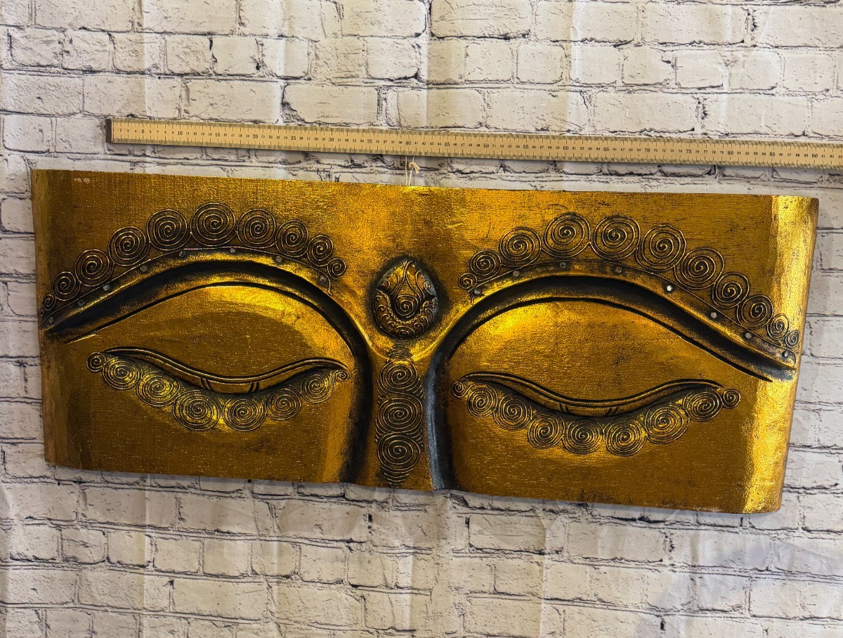 100cm x 40cm Gold Buddha Eyes Wall Art Plaque Handcarved Wooden Wood Panel3