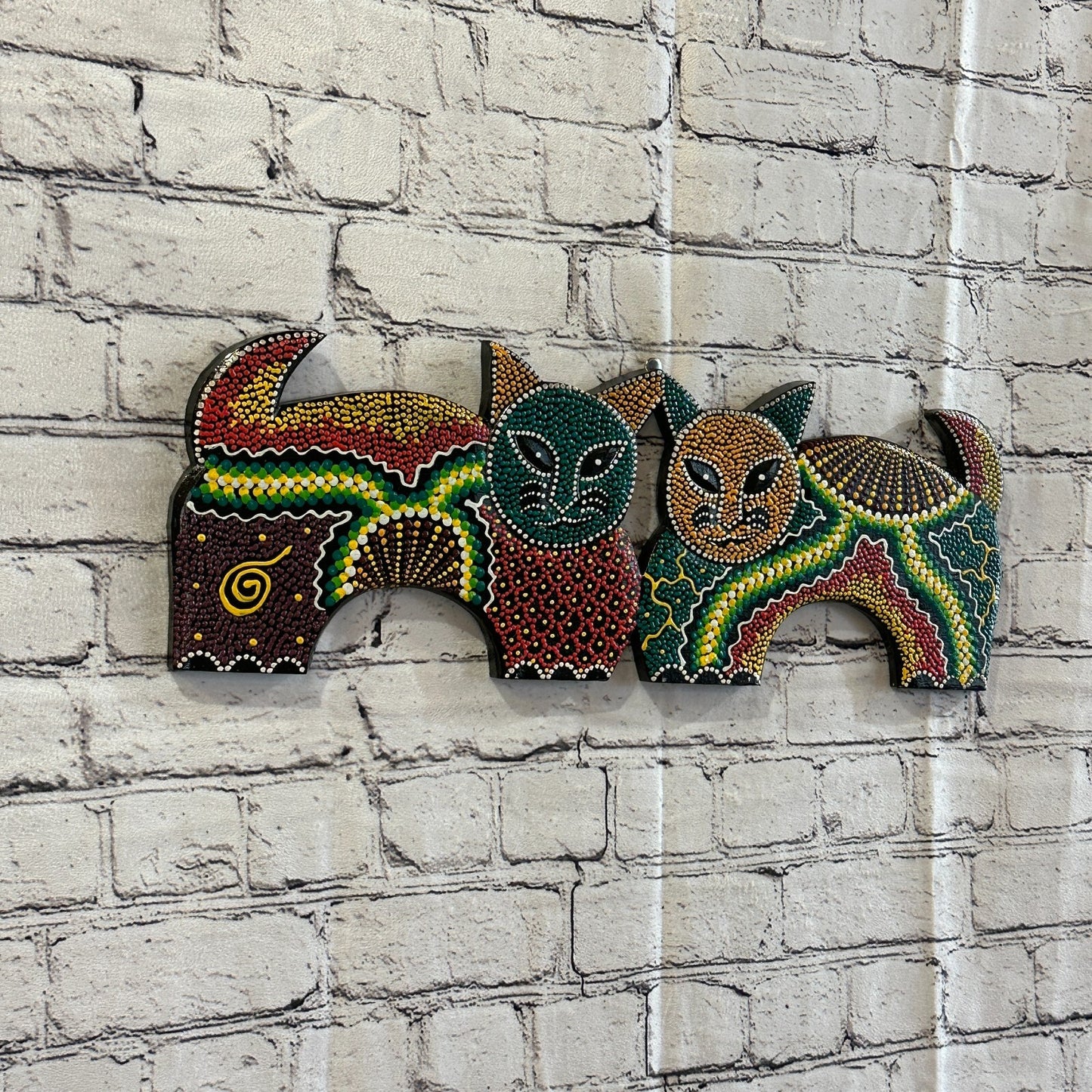 50cm 2 Cats Carved Wooden Dot Painted Ethnic Tribal Tiki Wall Art Handmade No 31