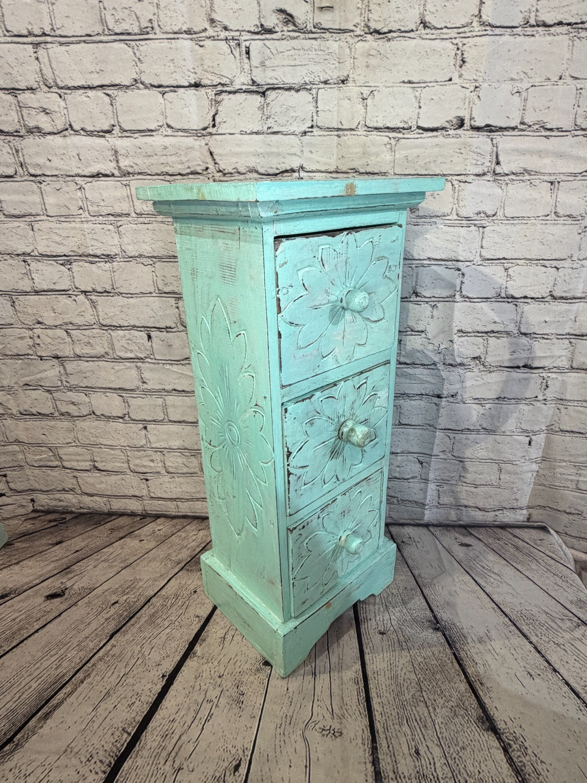 60cm x 25cm Blue 3 Draw Pillar Wooden Side Cabinet Living Storage Furniture2
