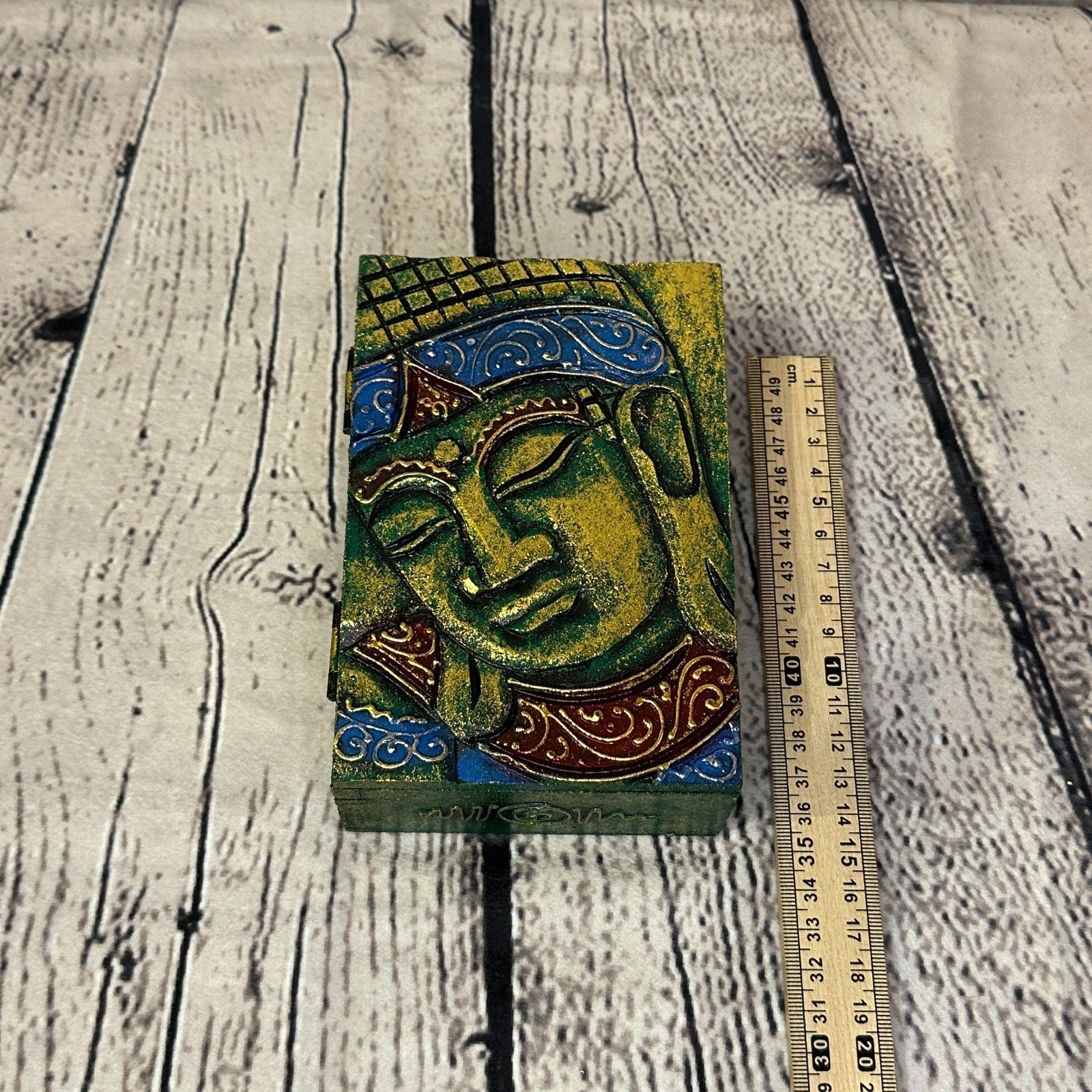 Bright Green Thai Buddha Head 10cm x 15cm x 5cm Wooden Box Trinket Handmade4