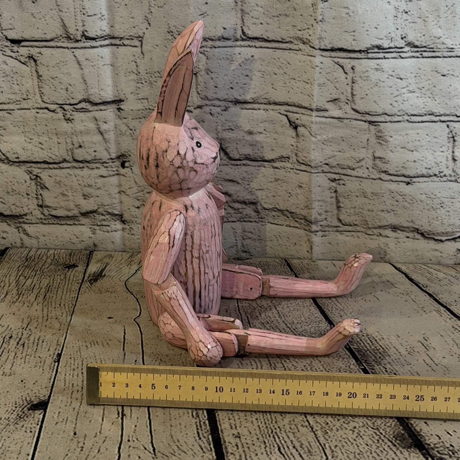 25cm Pink Bunny Rabbit Sitting Animal, Wooden Shelf Ornament Handmade Fairtrade7