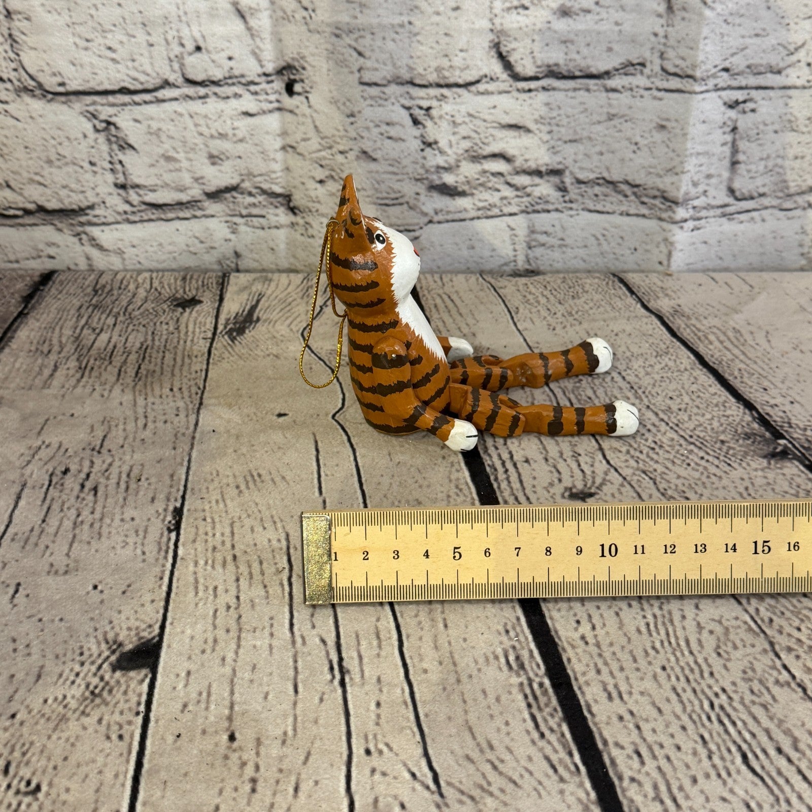 10cm Brown Tabby Cat Sitting Animal, Wooden Shelf Ornament Handmade Fairtrade7