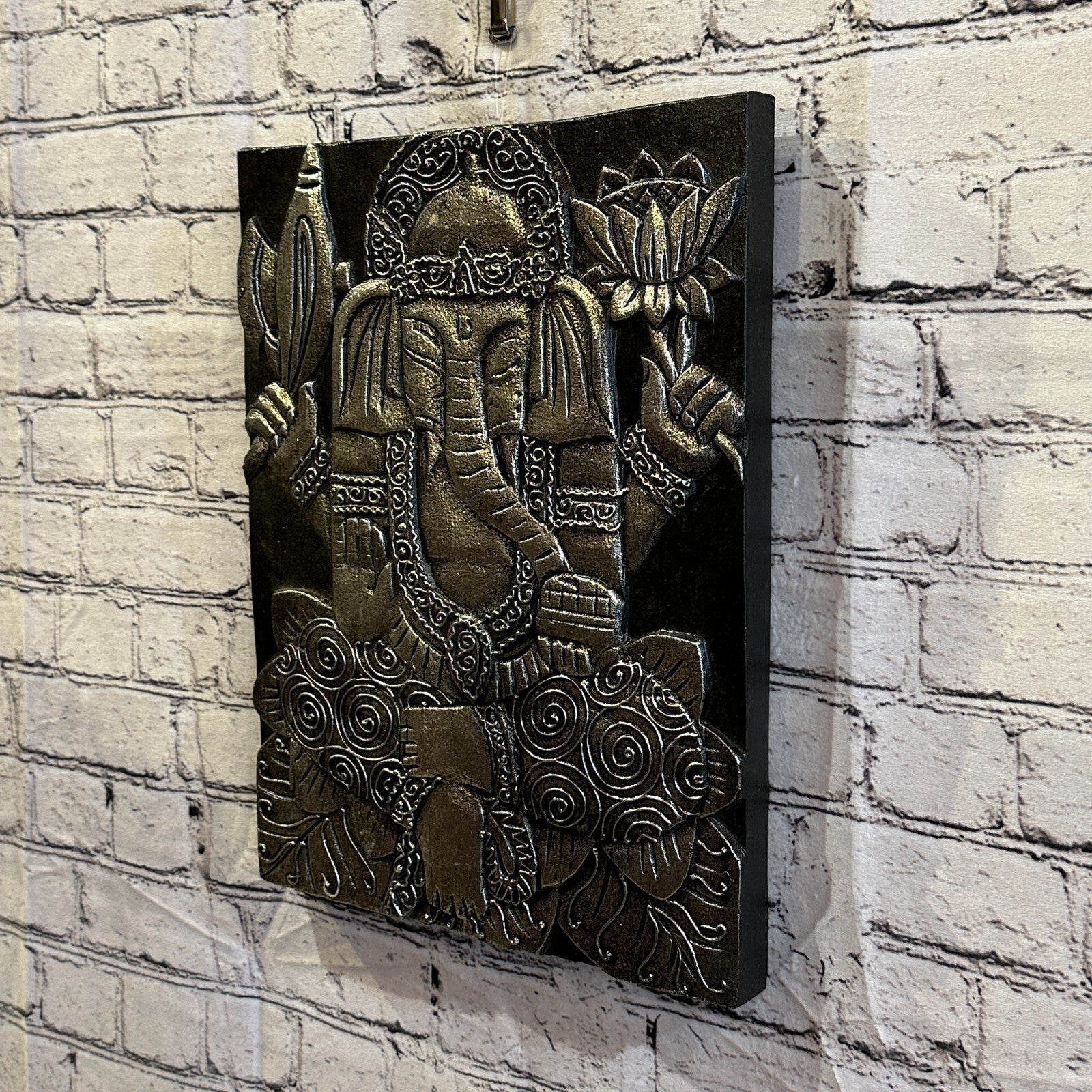 Wooden Wood Panel 40cm Brown Silver Ganesh Lotus Wall Art Plaque Handcarved1