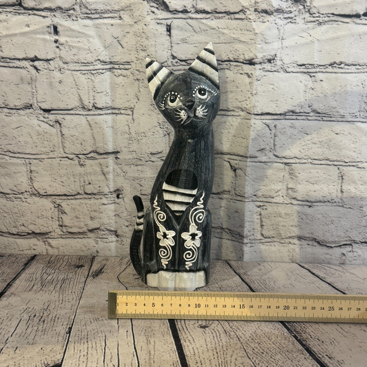 30cm Grey Flower Wooden Shabby Cat Statue Ornament Fair Trade Handcarved6