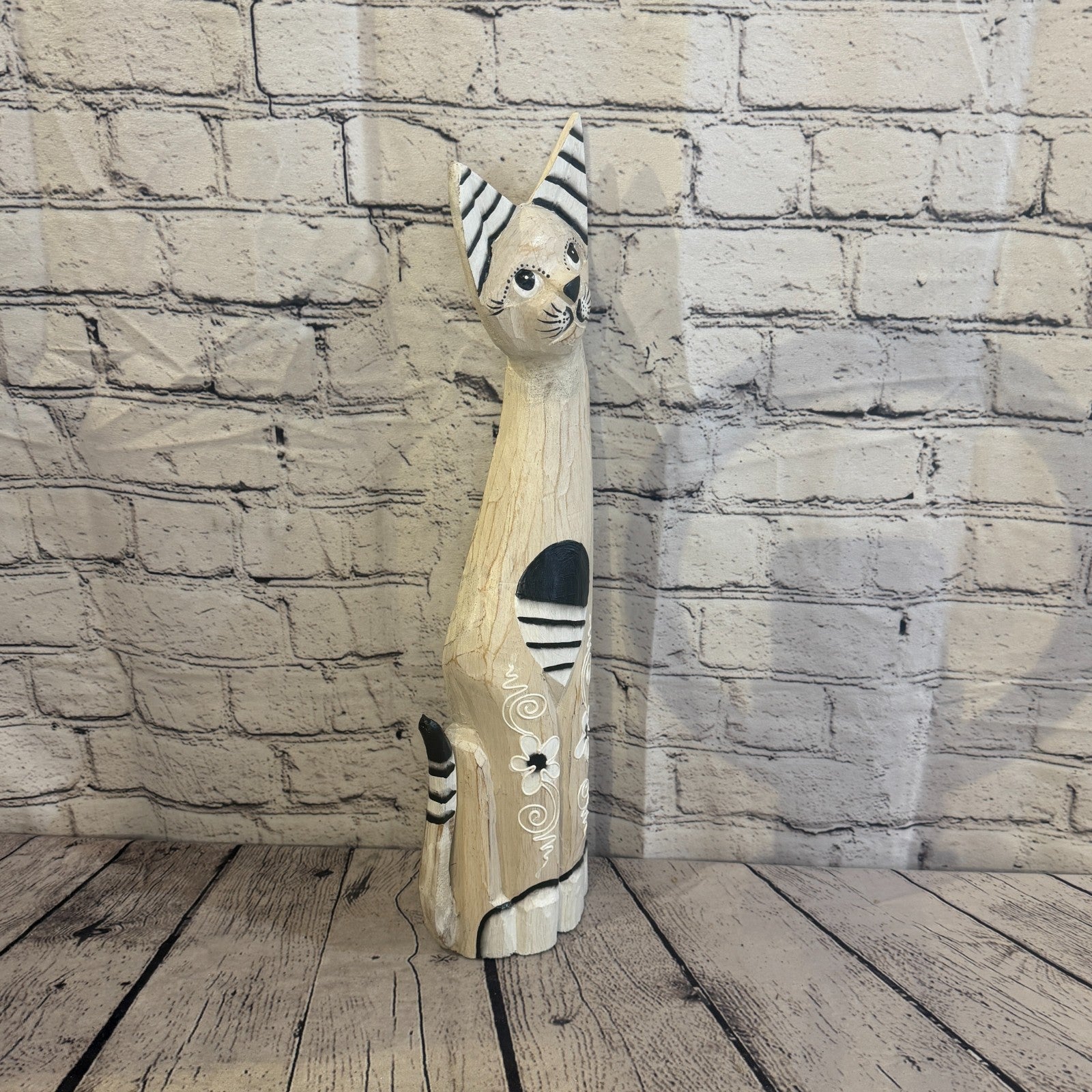 50cm White Flower Wooden Shabby Cat Statue Ornament Fair Trade Handcarved2