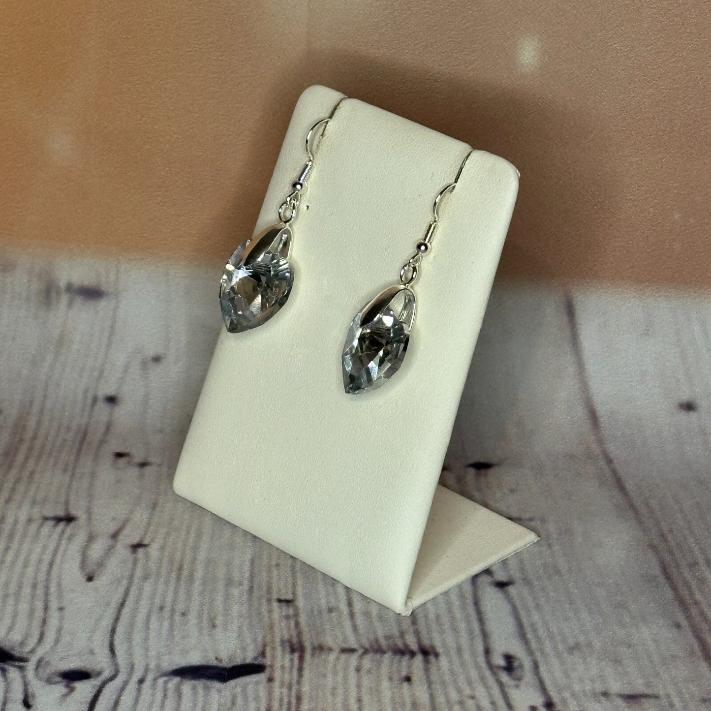 Clear White Crystal Heart Shaped Dangle Drop Earrings Handmade UK Jewellery1