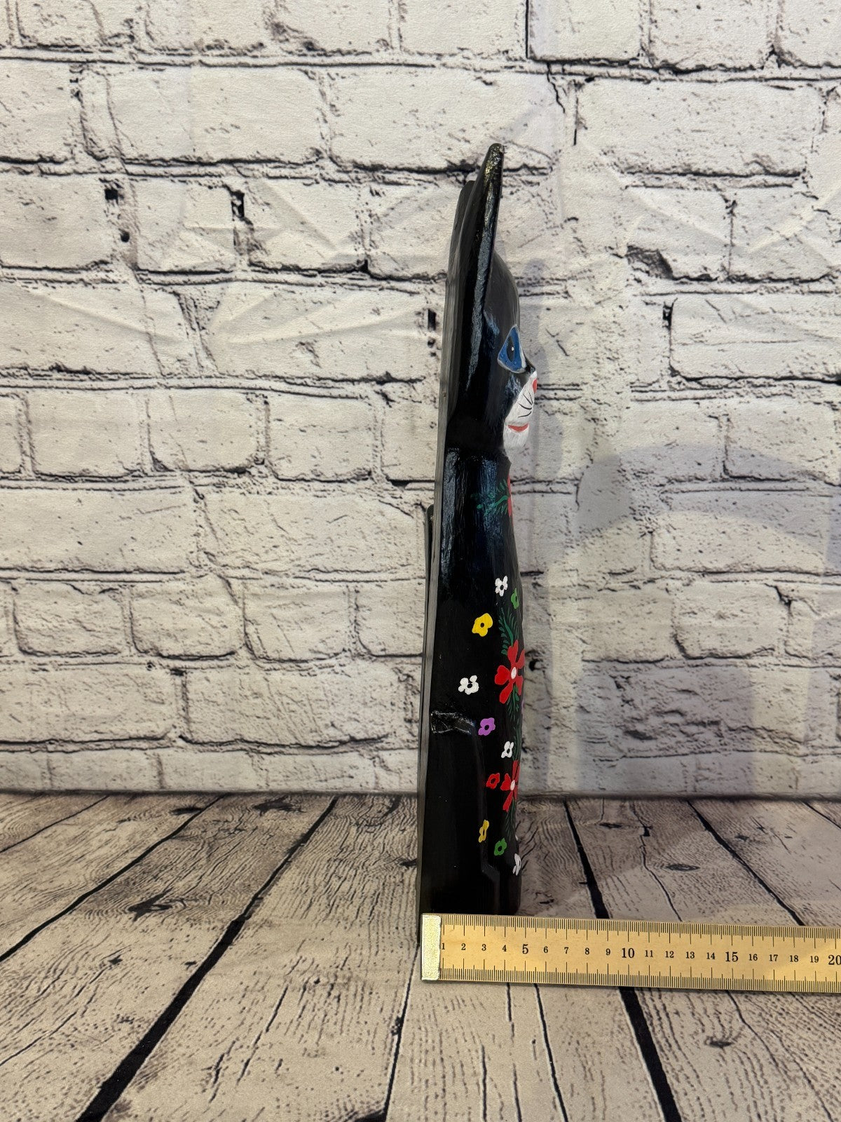 40cm Black Mix Flower Wooden Shabby Cat Statue Ornament Fair Trade Handcarved7