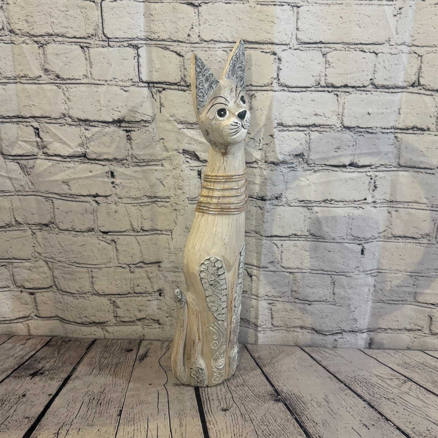 50cm White Silver Dots Wooden Shabby Cat Statue Ornament Fair Trade Handcarved2