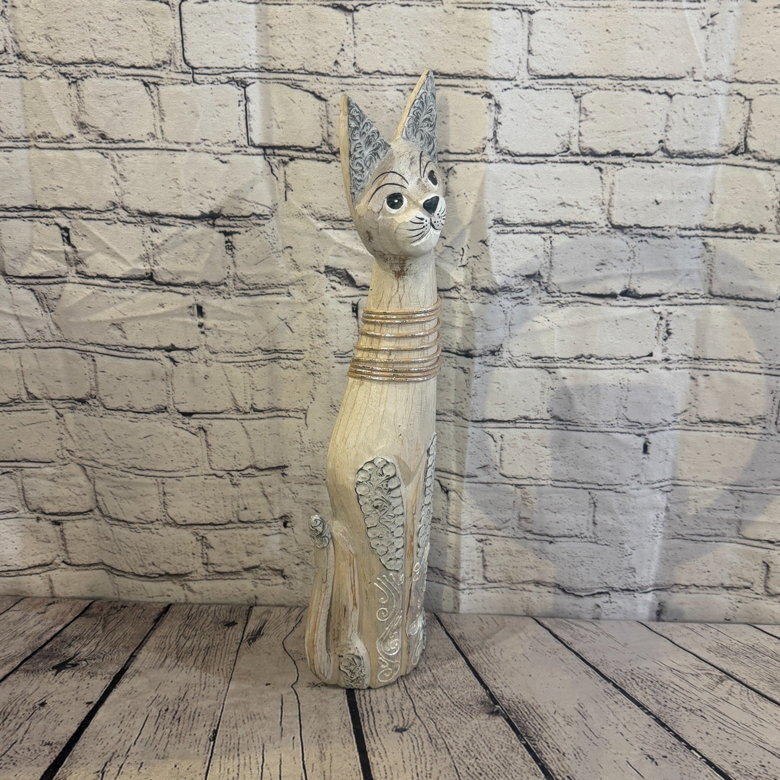50cm White Silver Dots Wooden Shabby Cat Statue Ornament Fair Trade Handcarved2