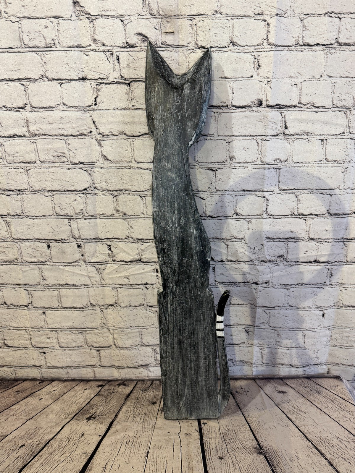 80cm Grey Flower Wooden Shabby Cat Statue Ornament Fair Trade Handcarved4