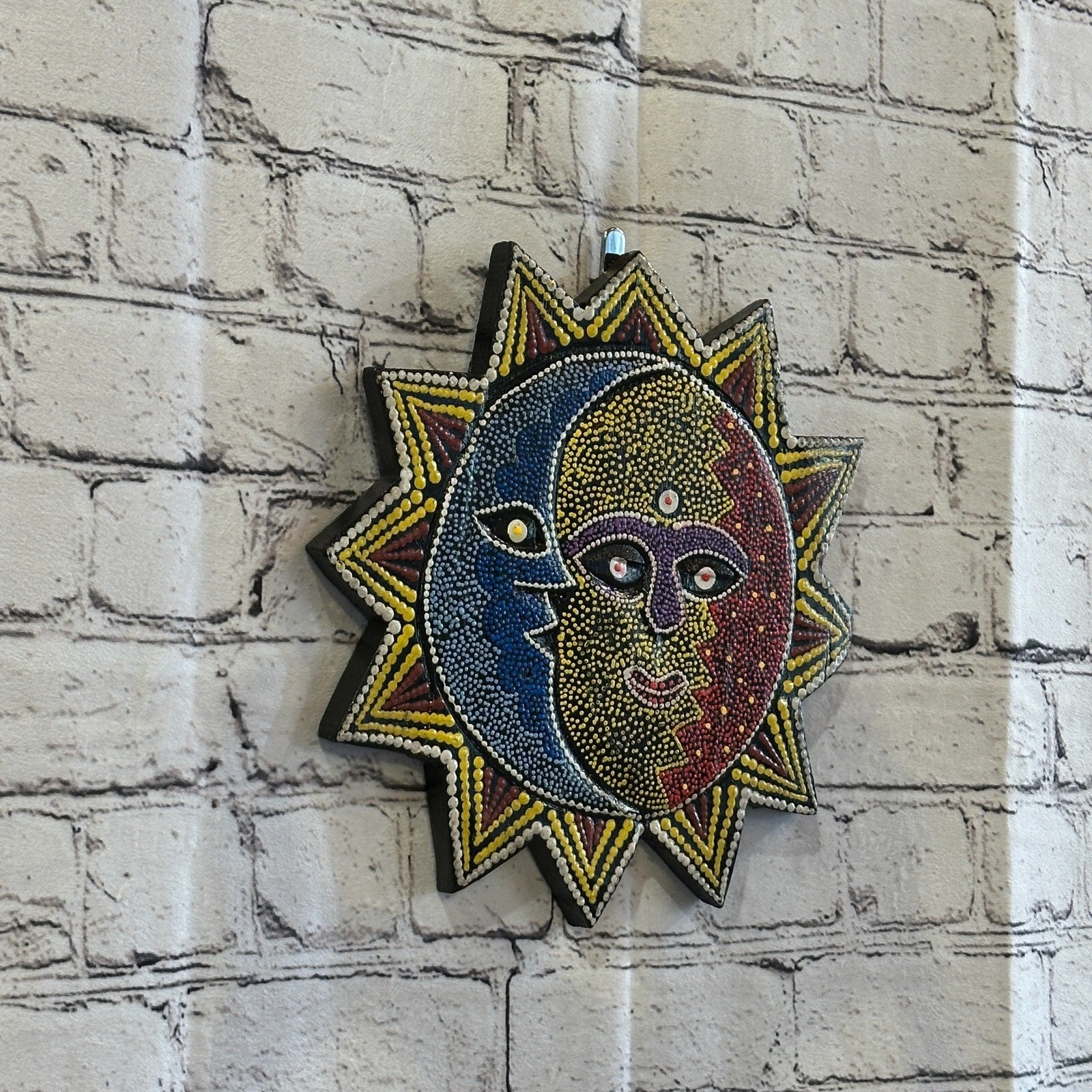 25cm Sun & Moon Carved Wooden Dot Painted Ethnic Tribal Tiki Wall Handmade No 30