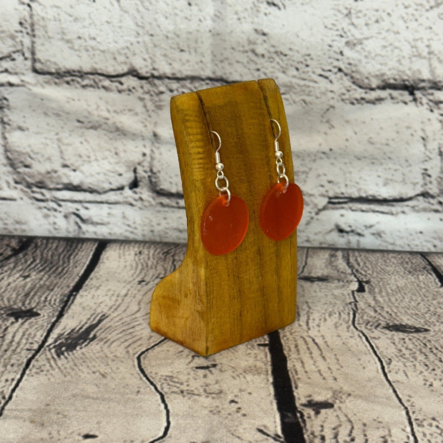 Orange Recycled Round Silver Plate Dangle Drop Earrings Handmade UK Jewellery2