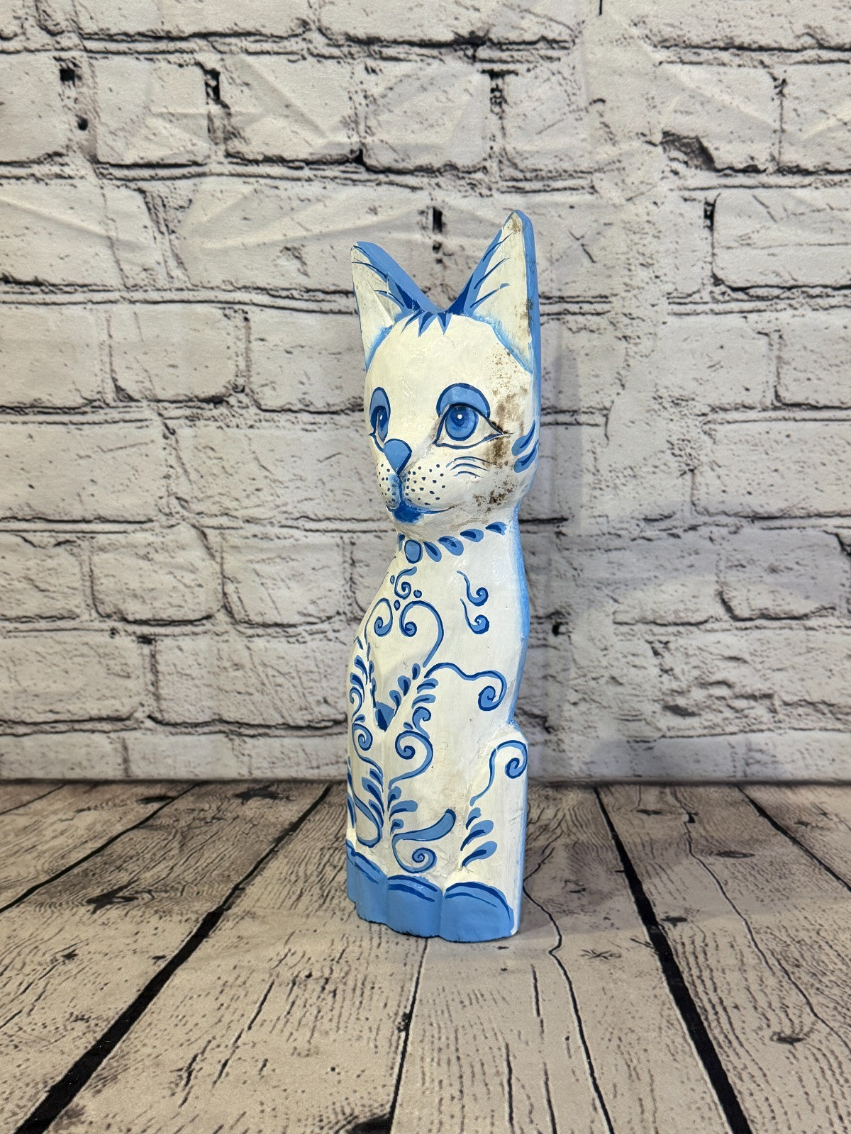 30cm Blue White Flower Wooden Shabby Cat Statue Ornament Fair Trade Handcarved1