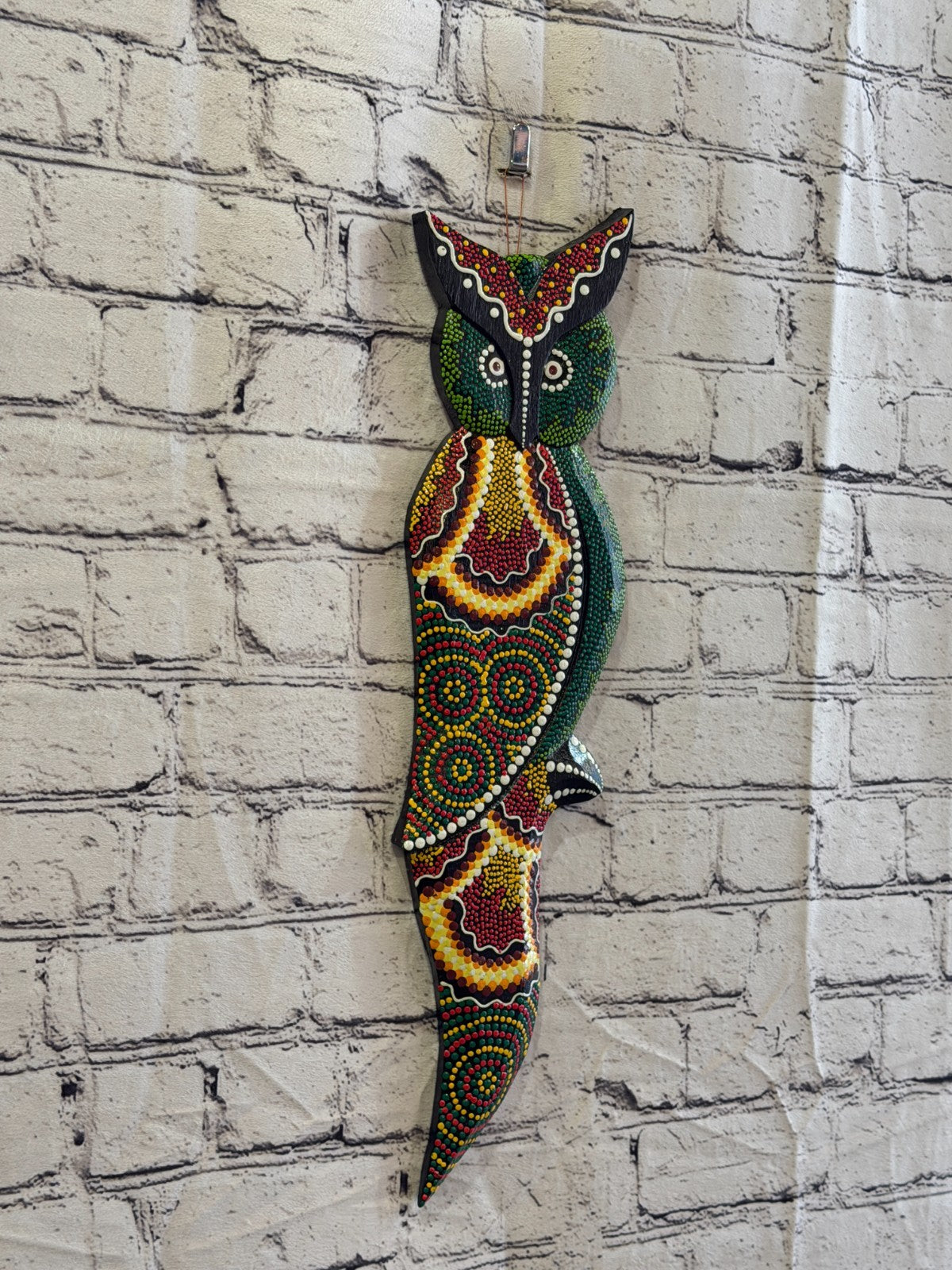 45cm Owl Bird Carved Wooden Dot Painted Ethnic Tribal Tiki Wall Art No 40
