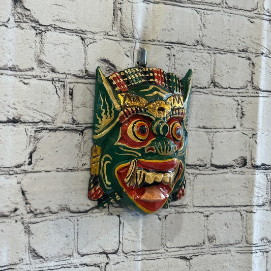 Large Wooden Green Barong Wall Mask 18cm x 18cm Handmade And Fairtrade Hindu0