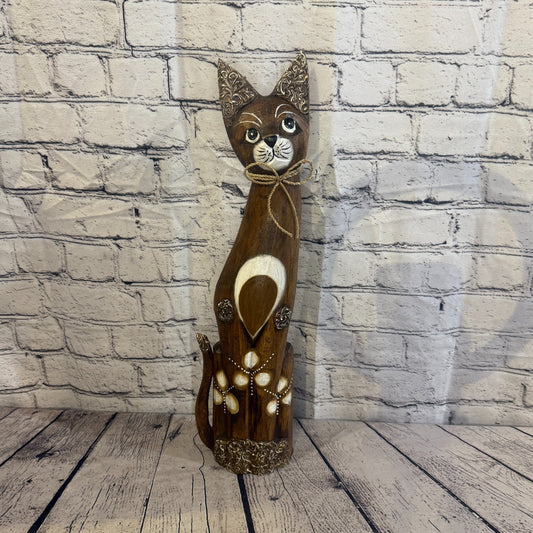 50cm Brown Silver Dots Wooden Shabby Cat Statue Ornament Fair Trade Handcarved0