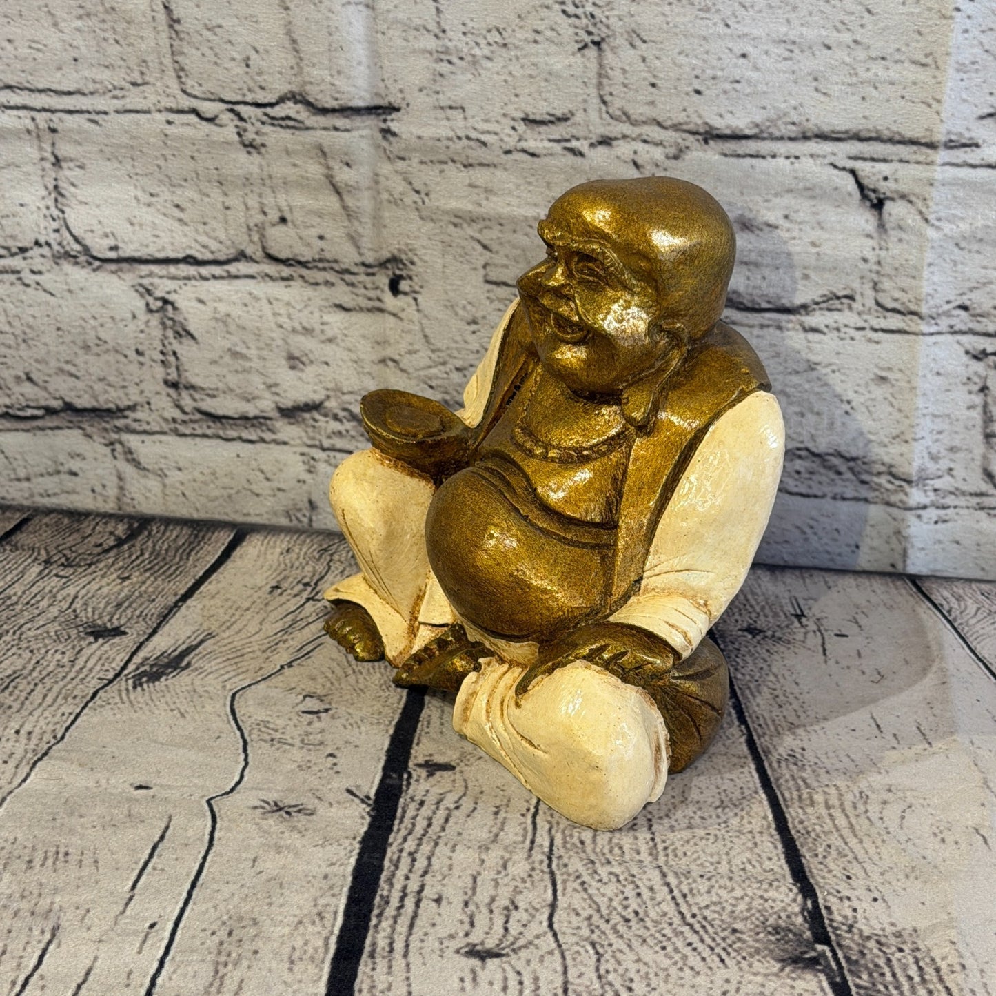 Cream & Bronze 15cm x 15cm Large Chinese Buddha Sitting On Lotus Statue Resin0