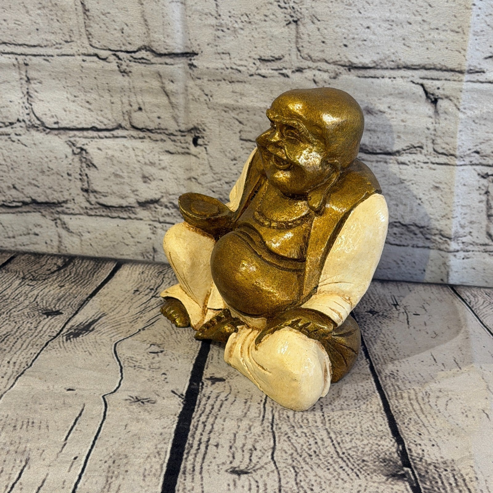 Cream & Bronze 15cm x 15cm Large Chinese Buddha Sitting On Lotus Statue Resin0